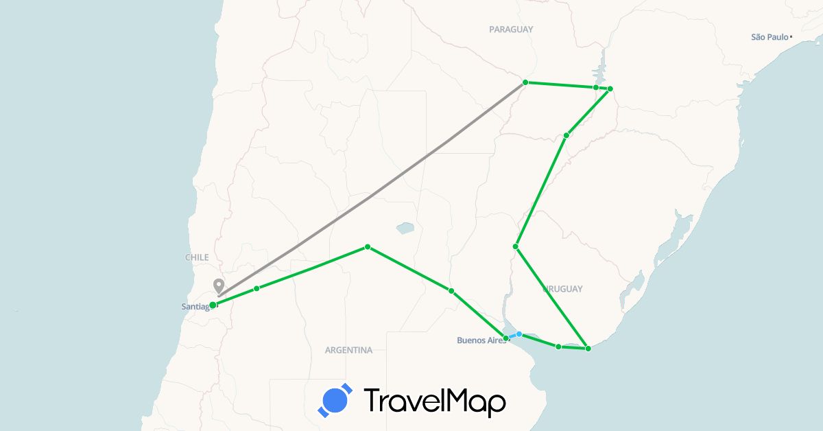 TravelMap itinerary: driving, bus, plane, boat in Argentina, Brazil, Chile, Paraguay, Uruguay (South America)